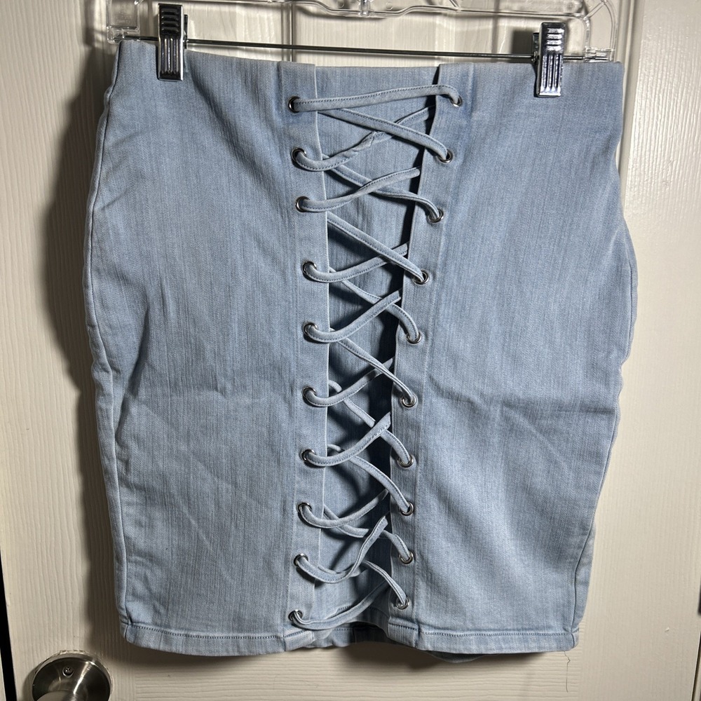Haute Monde Womens L‎ Blue Denim Stretch Skirt Lace Up Design